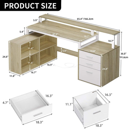 65 in L Shaped Computer Desk with File Drawer Desk w/ Power Outlets & LED Lights