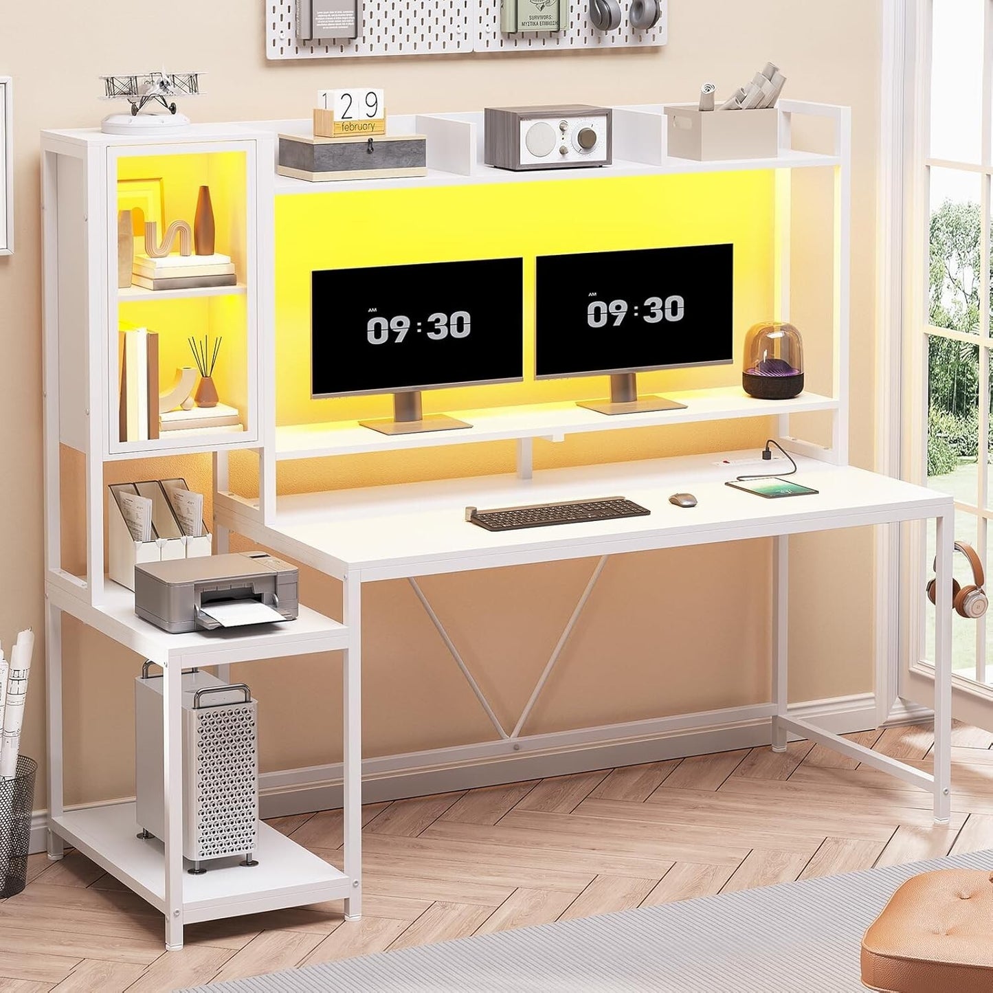 60'' Gaming Desk with Hutch and LED Lights, Computer Desk with Storage Shelves