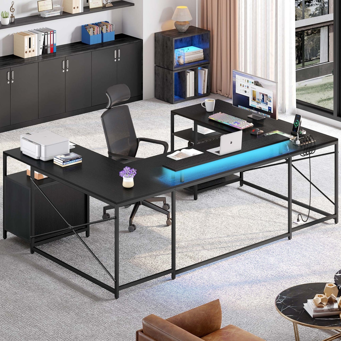 79 inch U Shaped Desk with Power Outlets & LED Lights Reversible Computer Desk