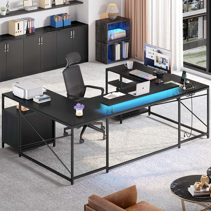 79 inch U Shaped Desk with Power Outlets & LED Lights Reversible Computer Desk