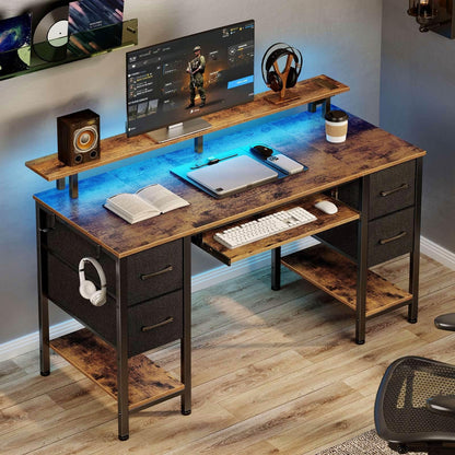 Computer Desk 47.2" with LED Lights & Power Outlets, Home Office Desk with 4 ...