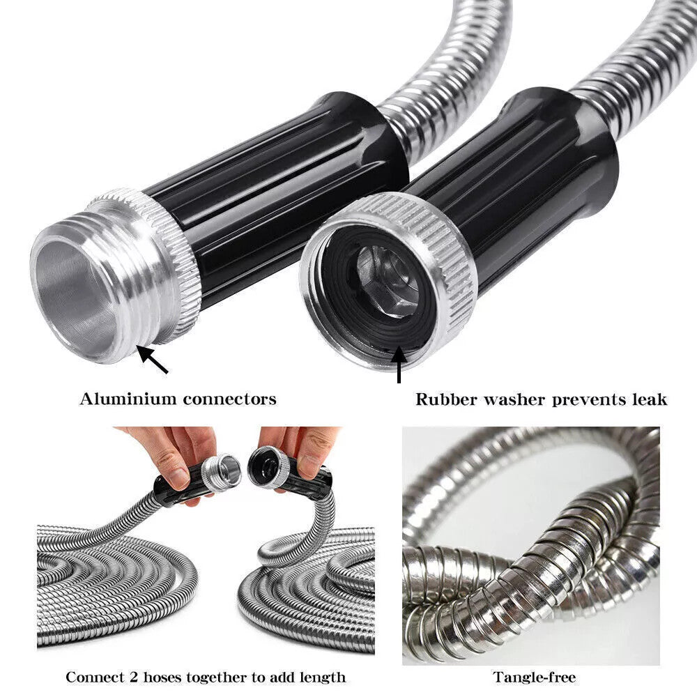 25/50/75/100/150FT Stainless Steel Flexible Garden Water Hose 2X Spray Nozzle