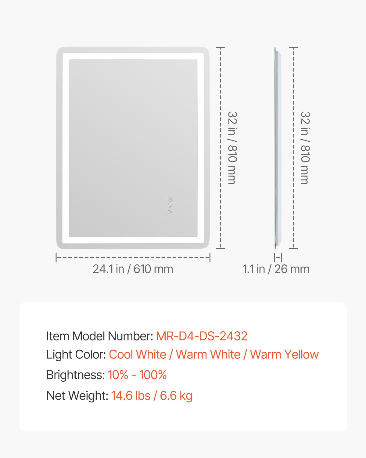 24x32'' LED Bathroom Mirror Wall Vanity Mirror Dimmable Anti-fog Front Backlit