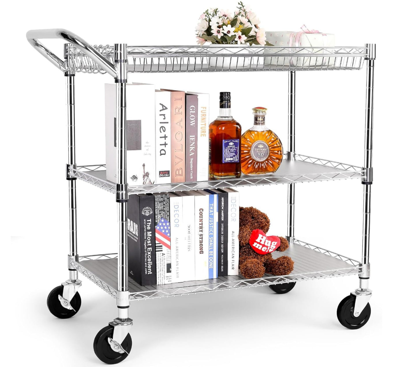 Heavy Duty Utility Cart with Handle 990lbs Capacity Metal 3 Tier Rolling Carts
