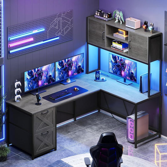 L Shaped Computer Desk with Led Lights, Hutch and Power Outlet, Home Office Desk