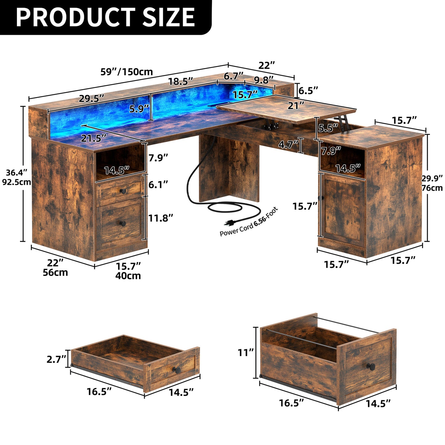 60" Lift Top L Shaped Desk with Power Outlets & LED Lights Corner Computer Desk