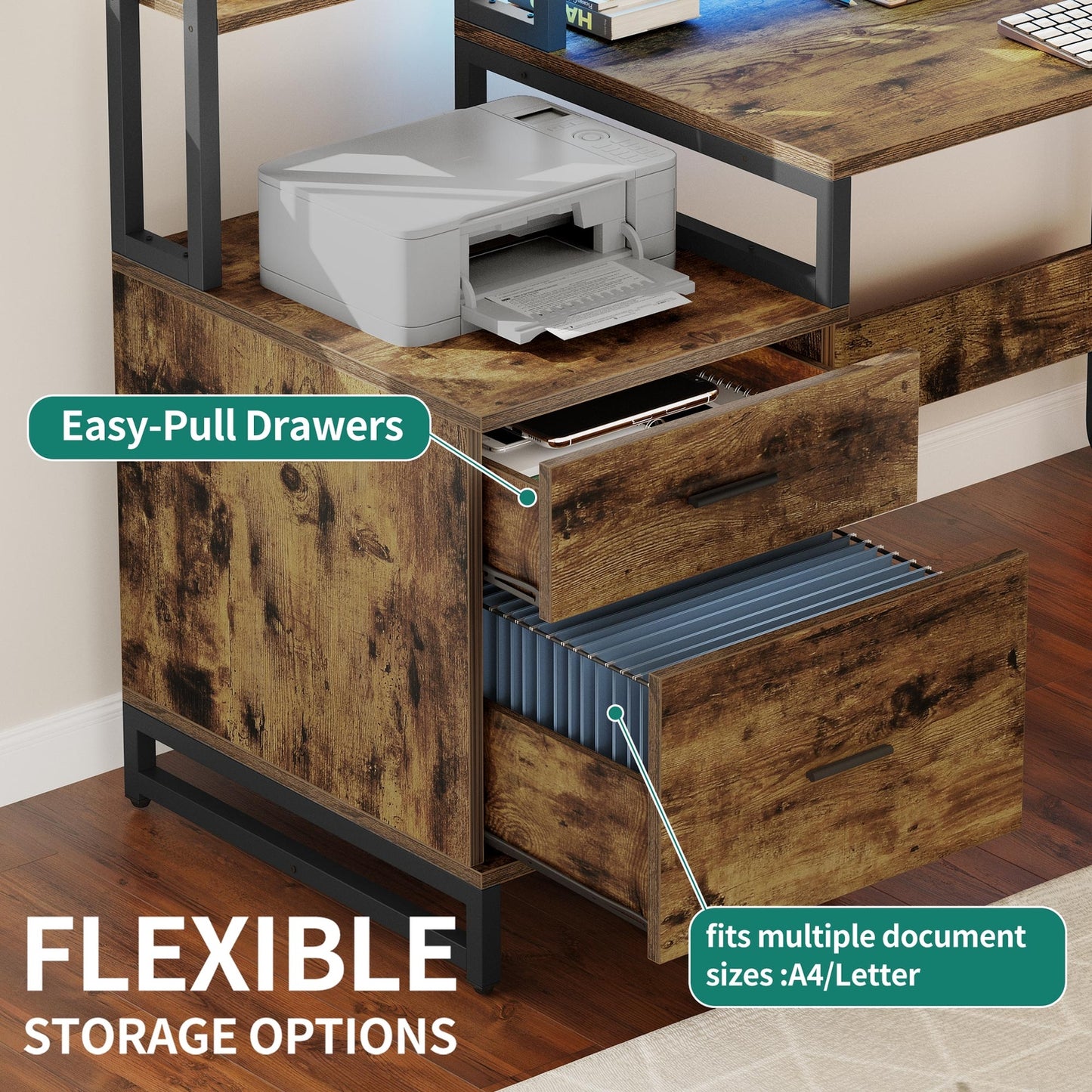 87" L Shaped Desk with File Drawer Reversible Computer Desk with Power Outlets