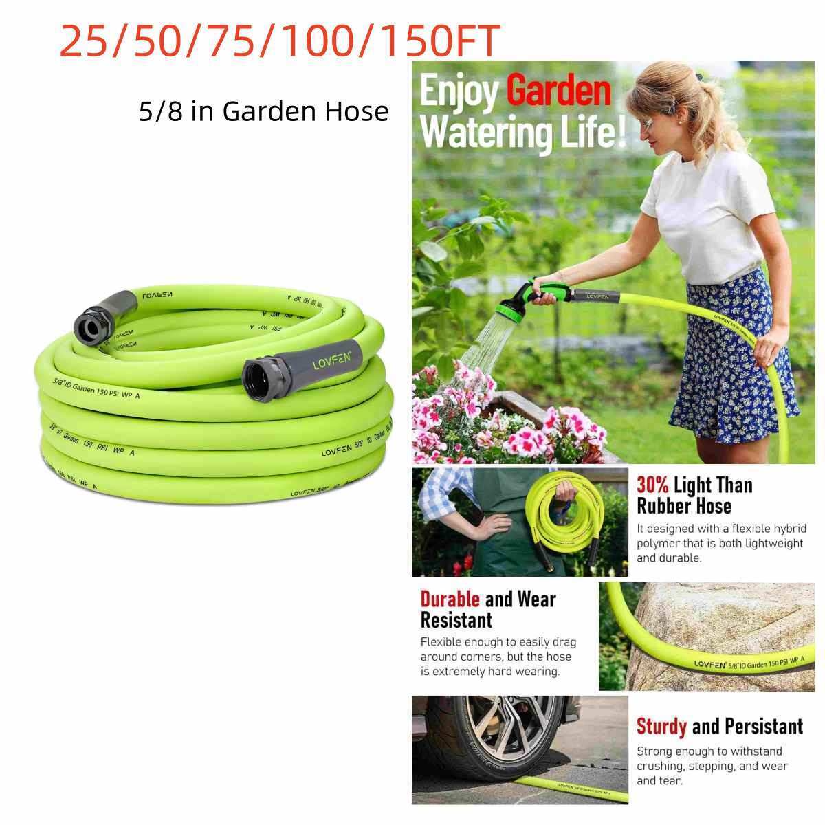 25/50/75/100/150FT Premium 5/8' Rubber Garden Hose - Heavy Duty Male to Female