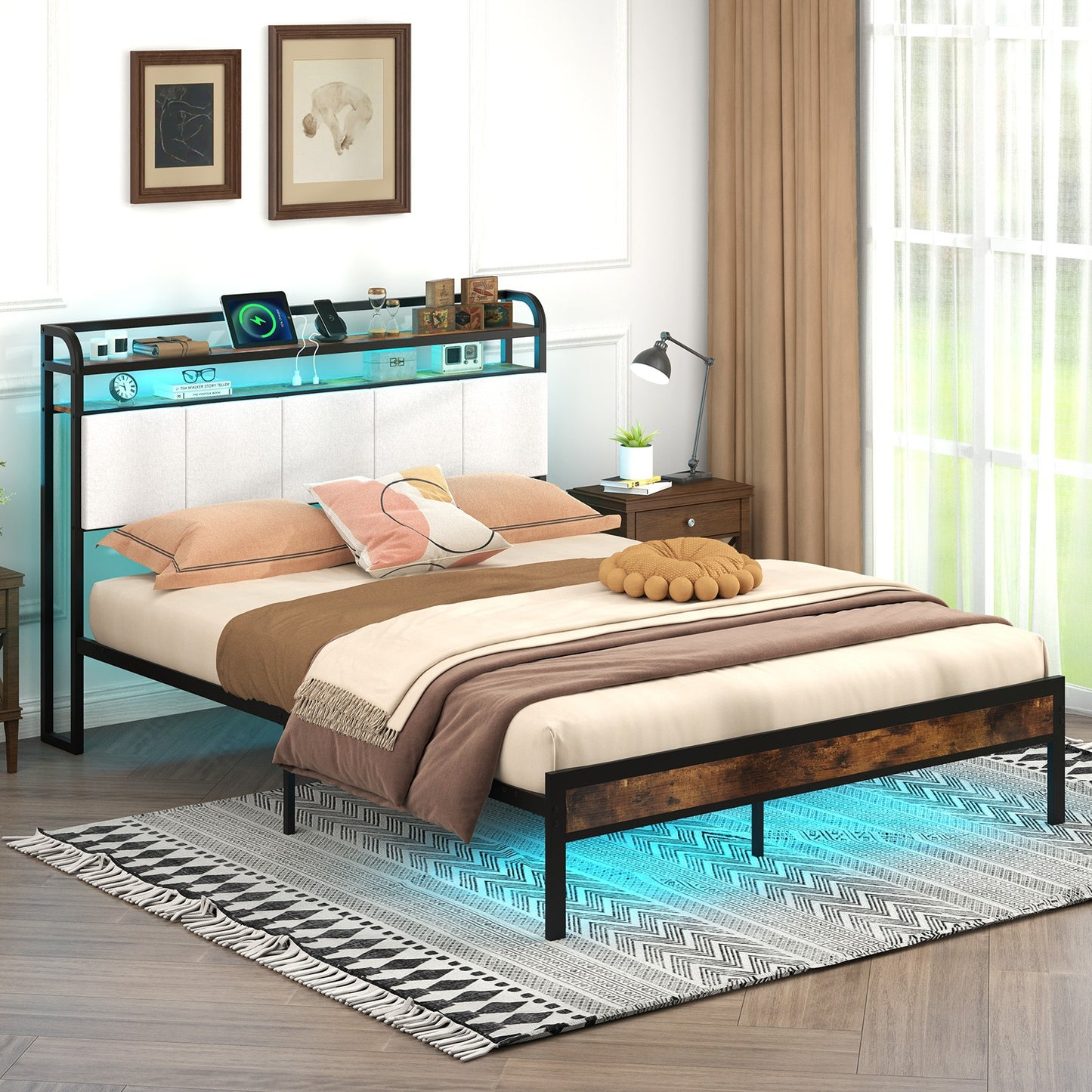 Queen Size Bed Frame w/LED Light & Charging Station Heavy Duty Metal Platform
