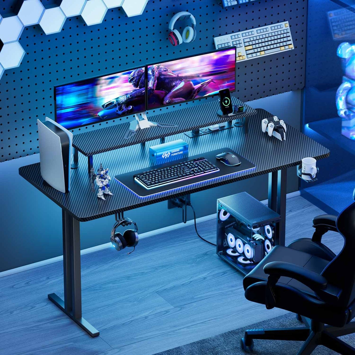 47/55/63" Gaming Desk with LED & Power Outlets, Computer Desk with Monitor Stand