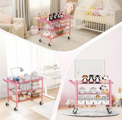 Heavy Duty Utility Cart with Handle 990lbs Capacity Metal 3 Tier Rolling Carts