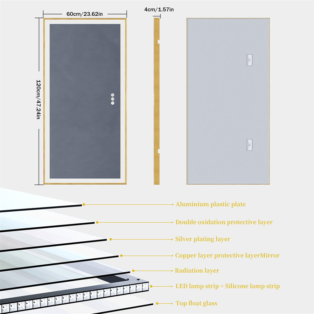 LED Mirror Bathroom Wall Mirrors w/ Lights Gold Frame Dimmable 3 Colors Anti-fog