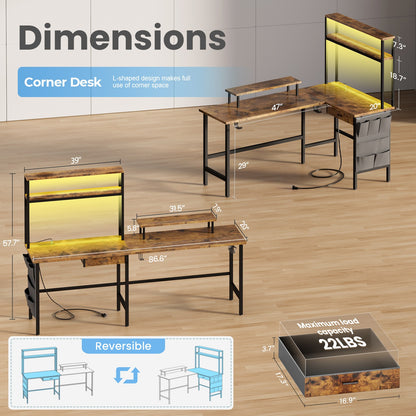 L Shaped Gaming Desk with LED & Power Outlets, Computer Desk with Monitor Stand