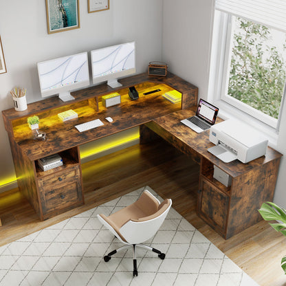60" Lift Top L Shaped Desk with Power Outlets & LED Lights Corner Computer Desk
