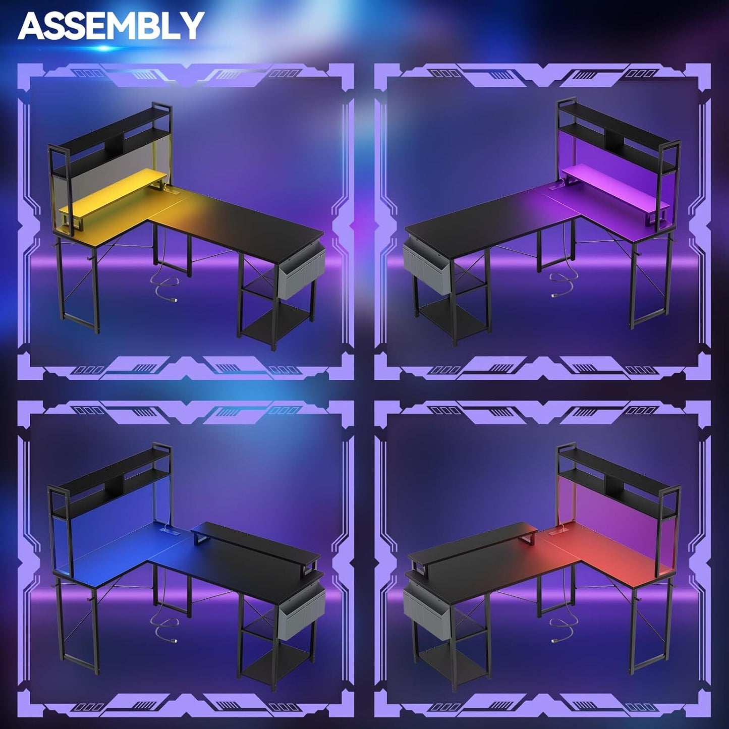 Reversible L-Shaped Computer Desk Gaming Desk with LED Lights and Power Outlets