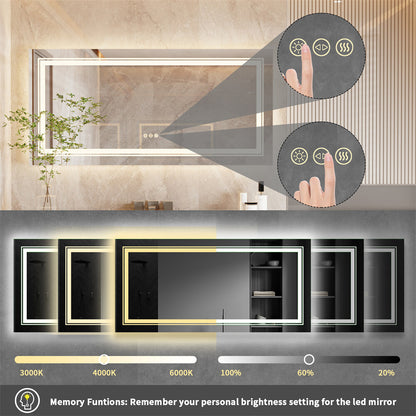 Shatter-Proof LED Bathroom Mirror with Lights Anti-Fog Stepless Dimmable Memory