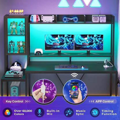 60'' Gaming Desk with Hutch and LED Lights, Computer Desk with Storage Shelves