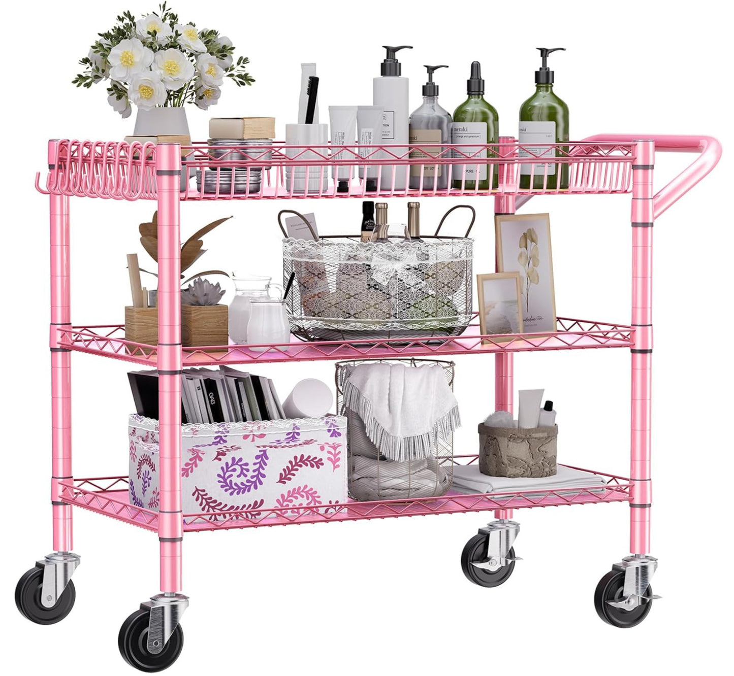 Heavy Duty Utility Cart with Handle 990lbs Capacity Metal 3 Tier Rolling Carts