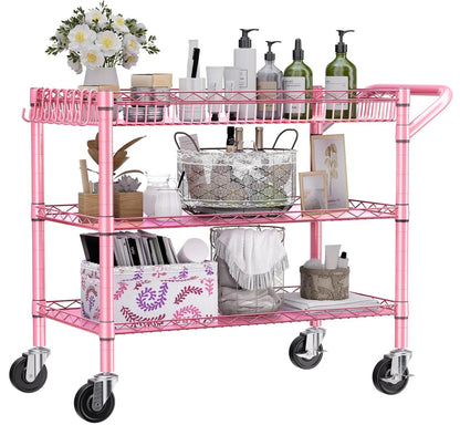 Heavy Duty Utility Cart with Handle 990lbs Capacity Metal 3 Tier Rolling Carts