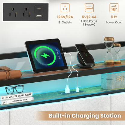 Queen Size Bed Frame w/LED Light & Charging Station Heavy Duty Metal Platform
