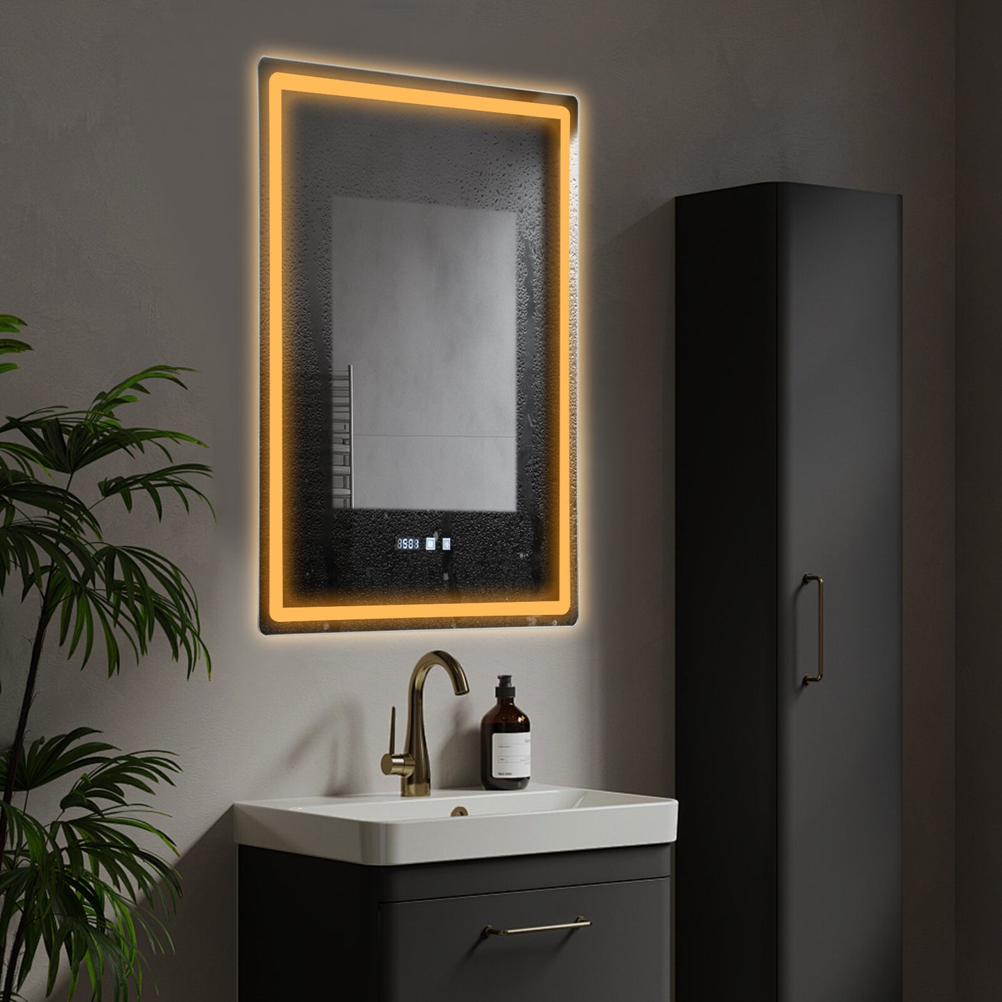 Dimmable LED Bathroom Mirror with Anti-Fog Function and Time Display 60×80 cm