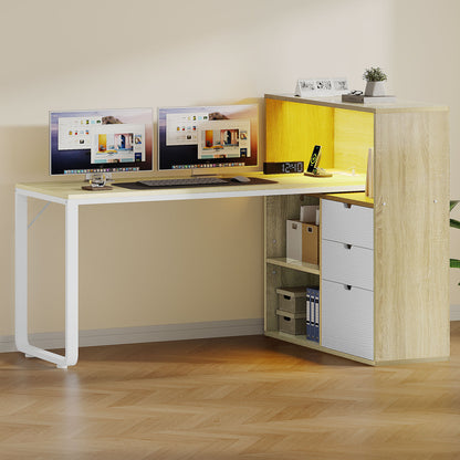 55" Computer Desk L Shaped Desk with Drawers & Power Outlets with Bookshelf