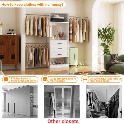 48''-96'' Walk-in Closet Organizer System with Mirror ＆ Drawers ＆ 3 Hanging Rods