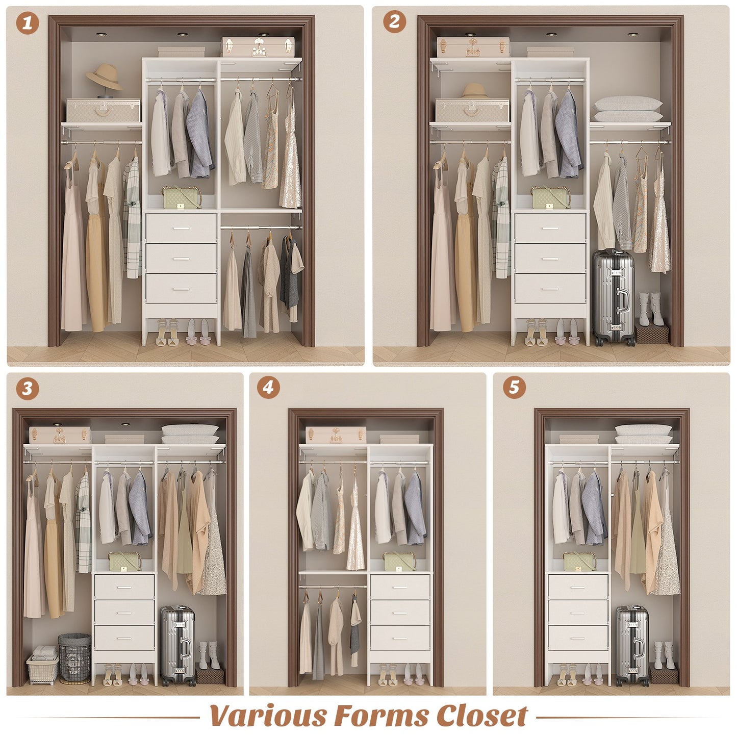 48'' Closet System with 3 Drawers Closet Organizer System Built-In Clothes Rack