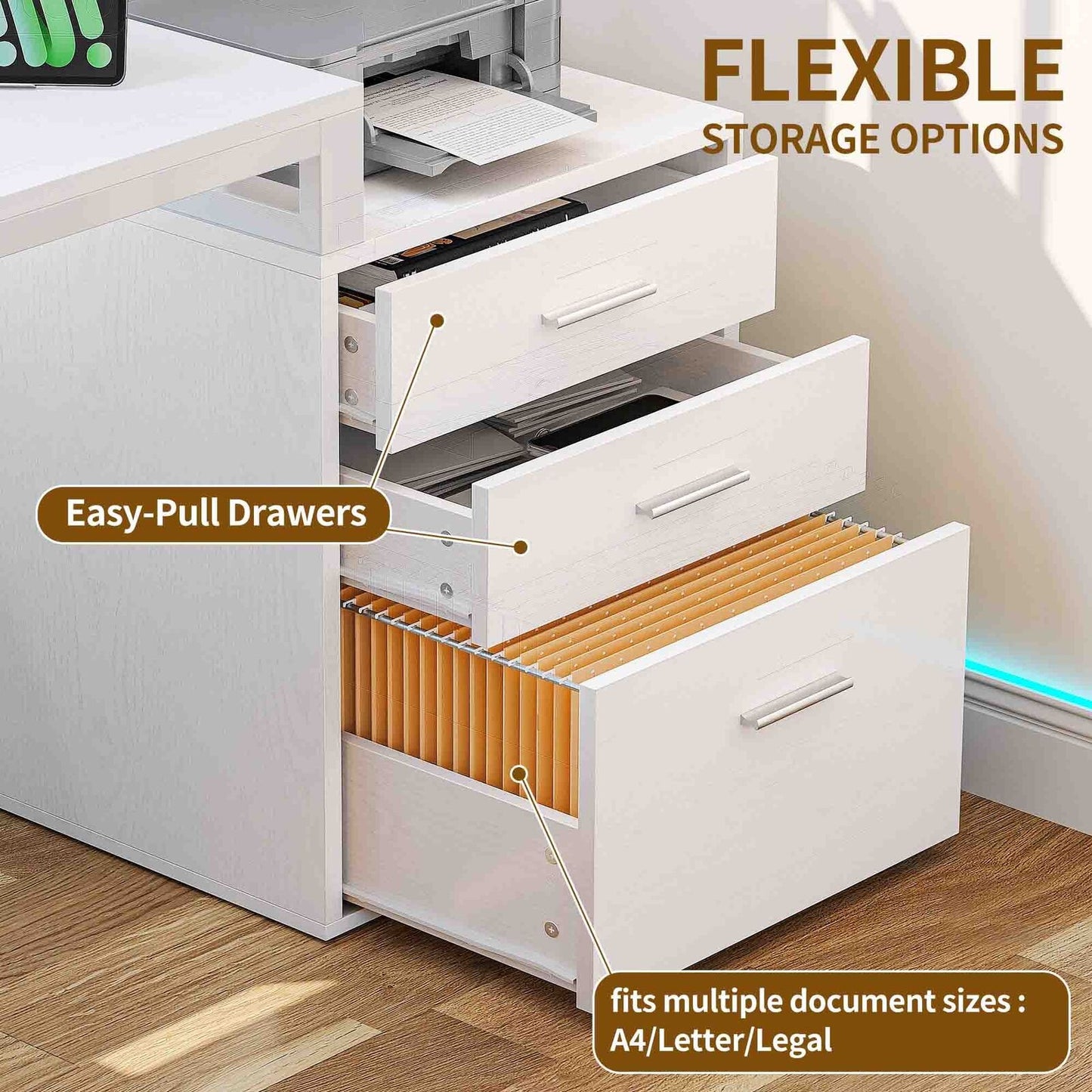 65 in L Shaped Computer Desk with File Drawer Desk w/ Power Outlets & LED Lights