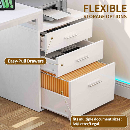 65 in L Shaped Computer Desk with File Drawer Desk w/ Power Outlets & LED Lights