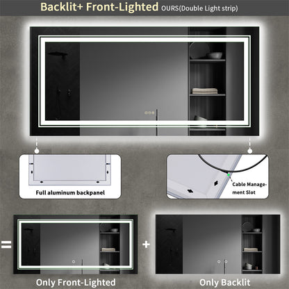 Jumbo LED Lighted Bathroom Mirror Touch Button Anti Fog Dimmable V&H Wall Mount