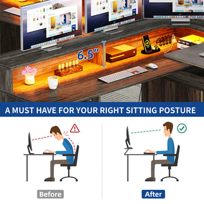60" Lift Top L Shaped Desk with Power Outlets & LED Lights Corner Computer Desk