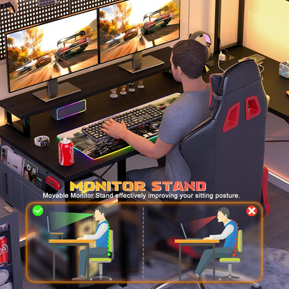 Reversible L-Shaped Computer Desk Gaming Desk with LED Lights and Power Outlets