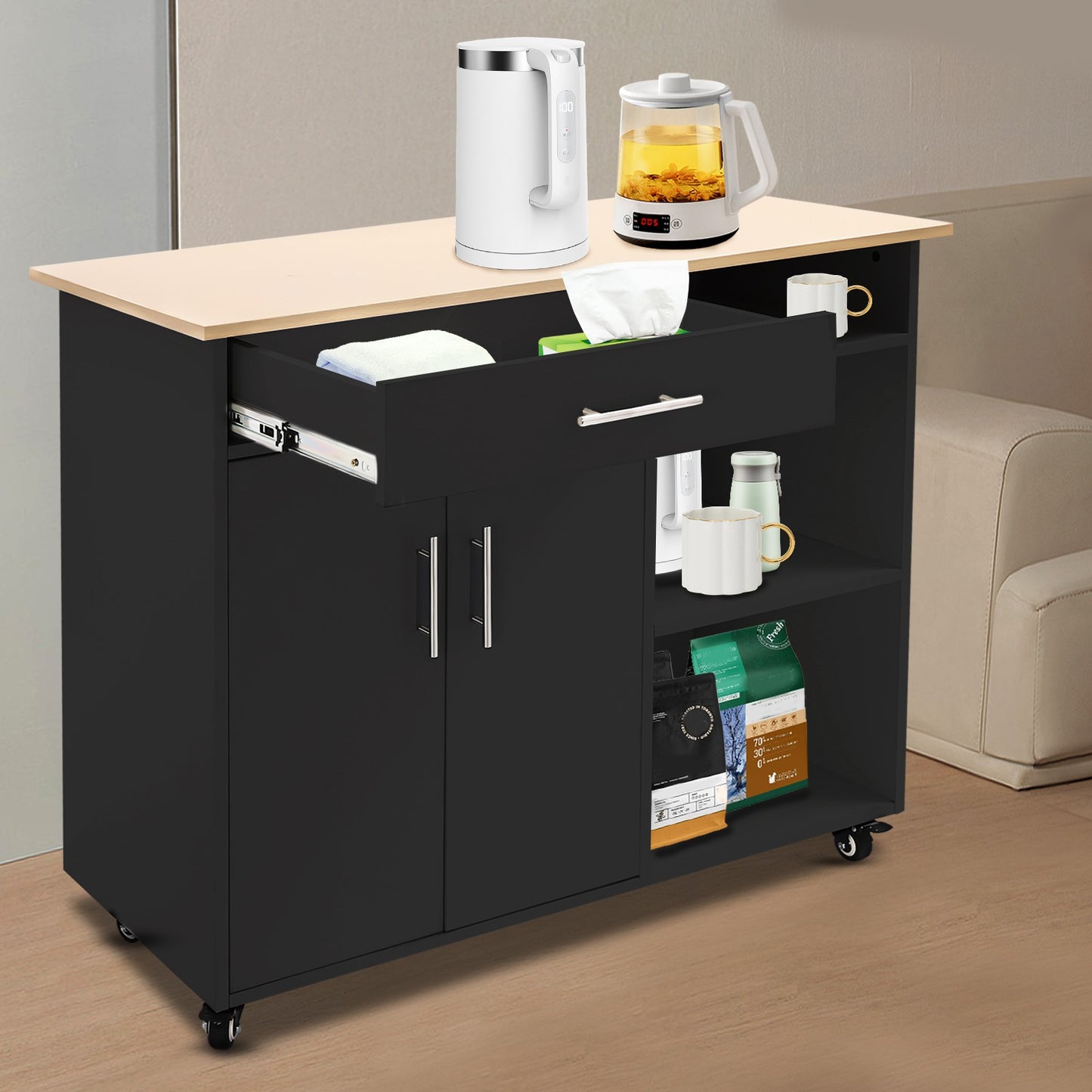 Modern Kitchen Island Cart with Storage Rolling Trolley and Easy Mobility 36.4in