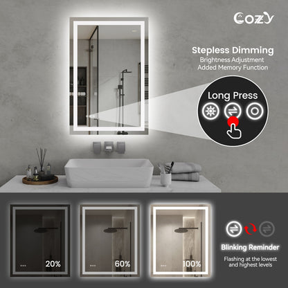 24x36'' LED Bathroom Mirror Wall Vanity Mirror Dimmable Anti-fog Tempered Glass