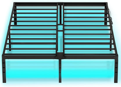 Full Bed Frame with LED Lights Metal Platform Bed Frame with Charging Station