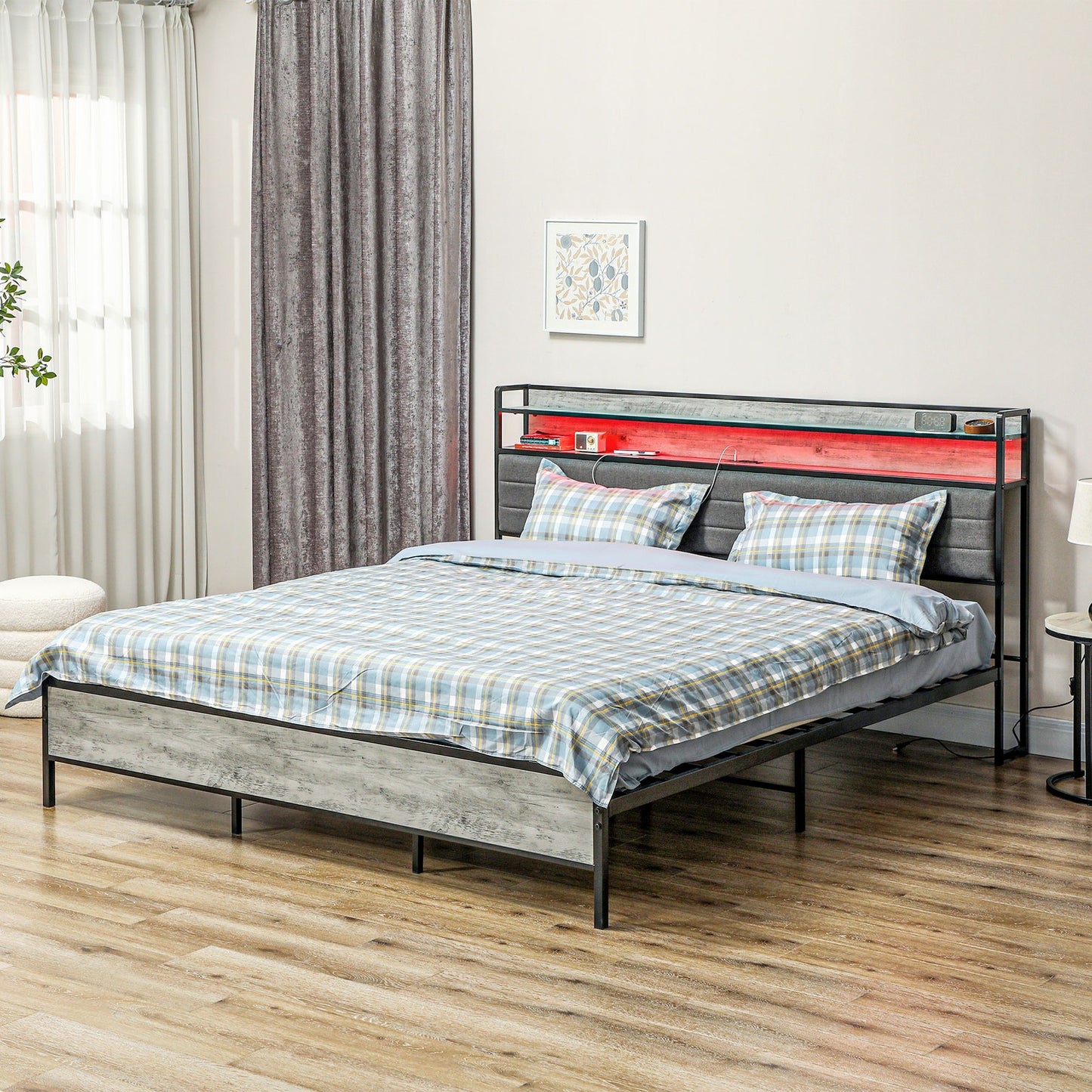 LED King Size Bed Frame with Headboard Charging Station, Cement Gray