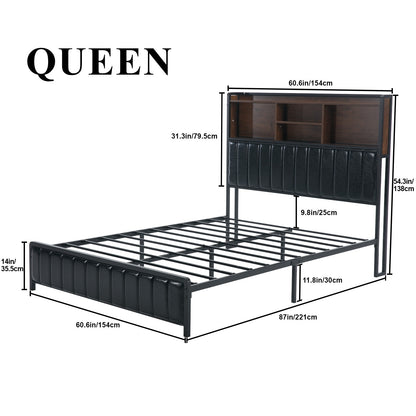 Full/Queen Size Bed Frame with Storage Headboard, LED Lights, Charging Station