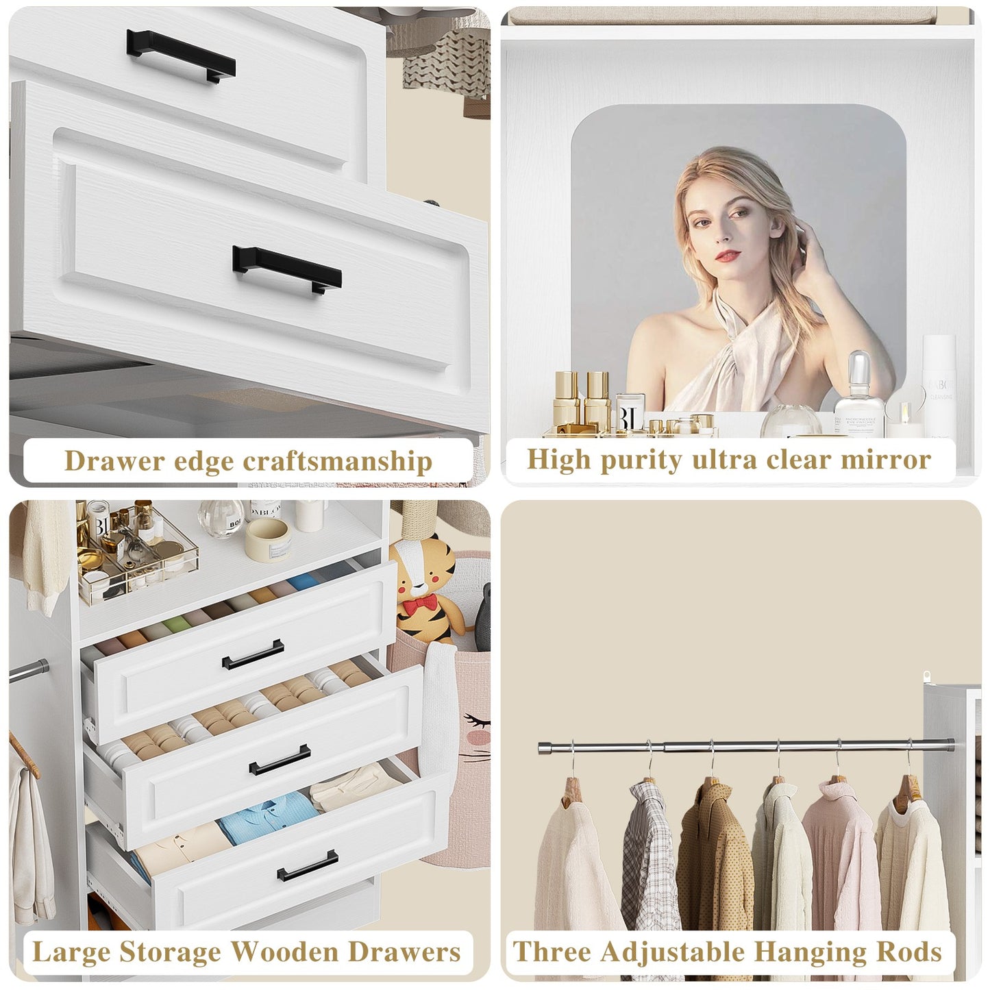 48''-96'' Walk-in Closet Organizer System with Mirror ＆ Drawers ＆ 3 Hanging Rods