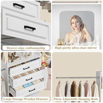 48''-96'' Walk-in Closet Organizer System with Mirror ＆ Drawers ＆ 3 Hanging Rods