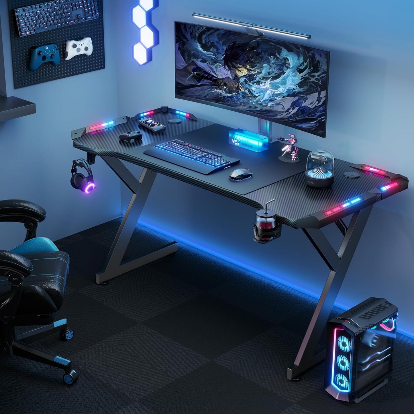 55 inch Gaming Desk with LED RGB Ergonomic Computer Table Gamer Desk