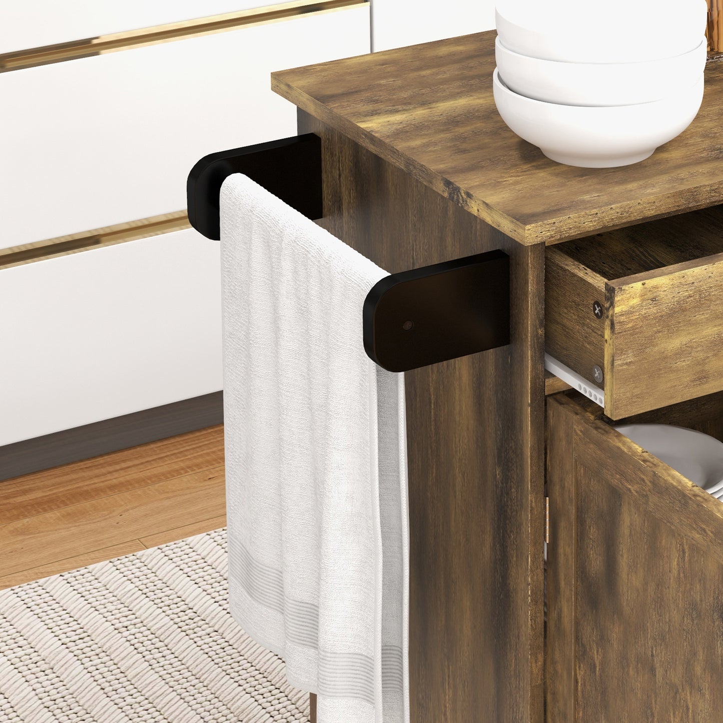Kitchen Island Cart Rolling Trolley Cart with Drawer Storage Cabinet Towel Rack