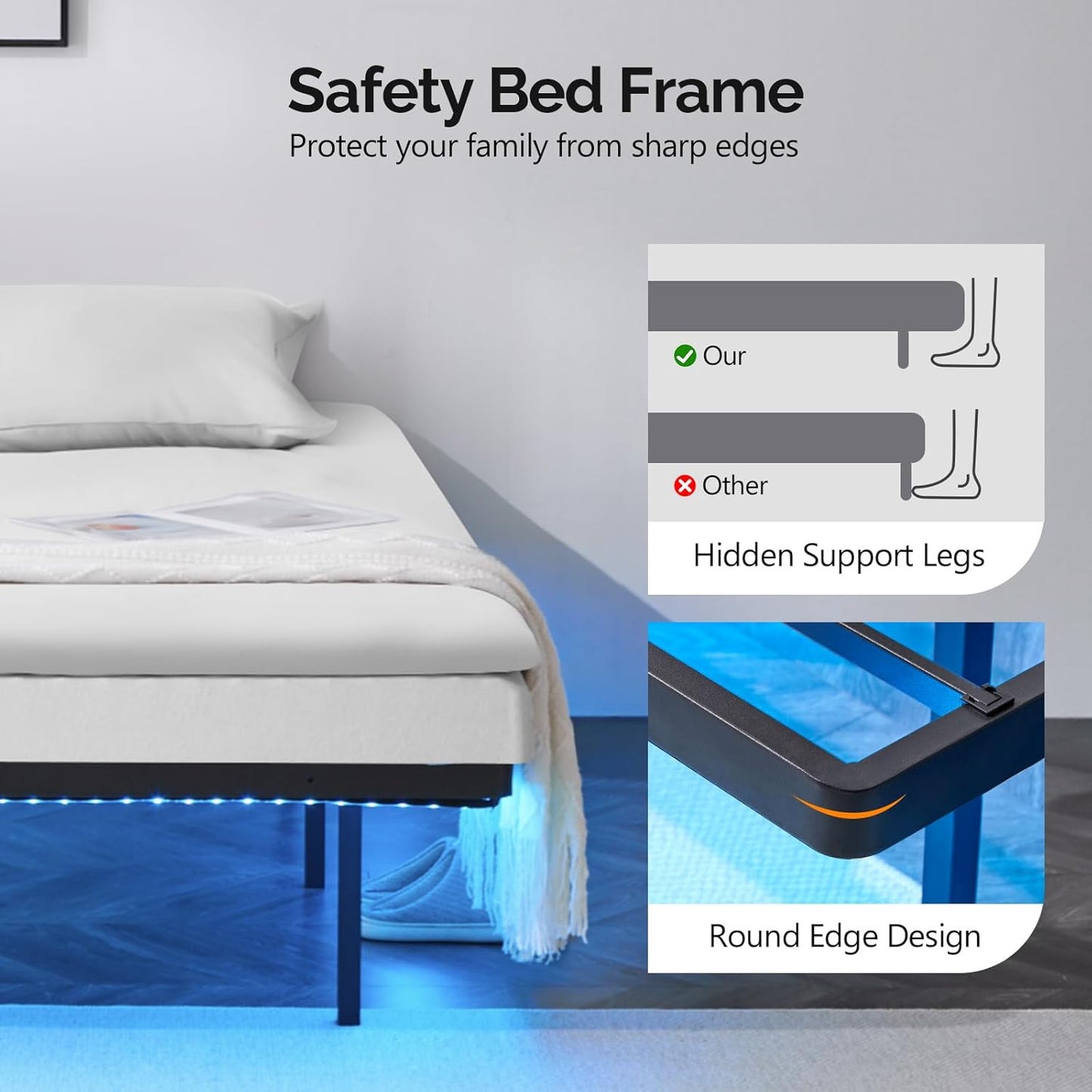 Floating Bed Frame Full with USB Charging Station/LED Lights 14'' Platform Bed