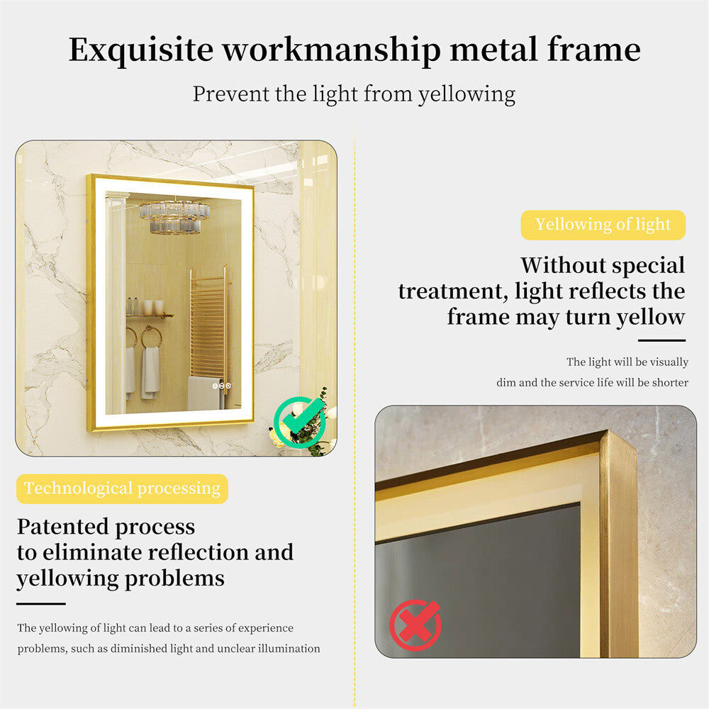 LED Mirror Bathroom Wall Mirrors w/ Lights Gold Frame Dimmable 3 Colors Anti-fog