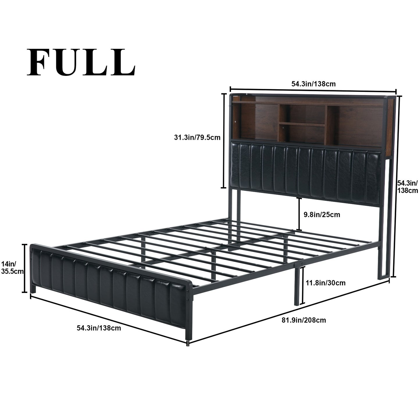 Full/Queen Size Bed Frame with Storage Headboard, LED Lights, Charging Station