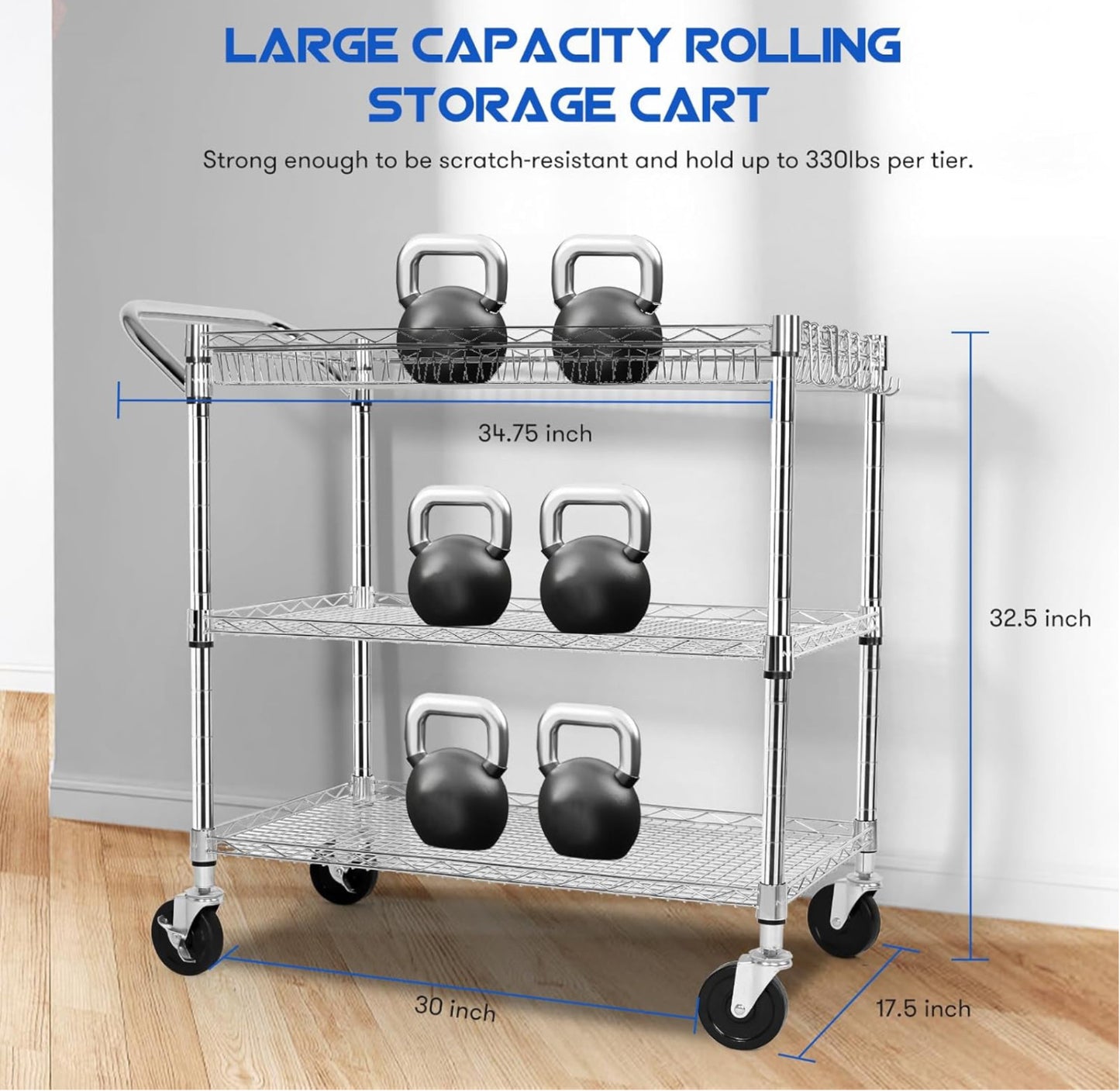 Heavy Duty Utility Cart with Handle 990lbs Capacity Metal 3 Tier Rolling Carts