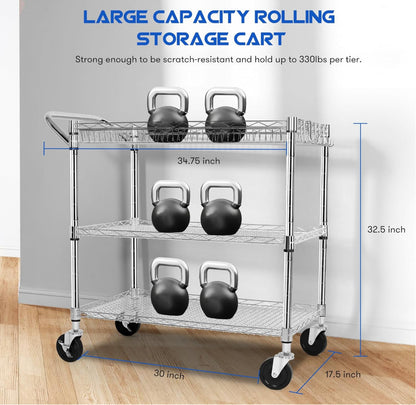 Heavy Duty Utility Cart with Handle 990lbs Capacity Metal 3 Tier Rolling Carts
