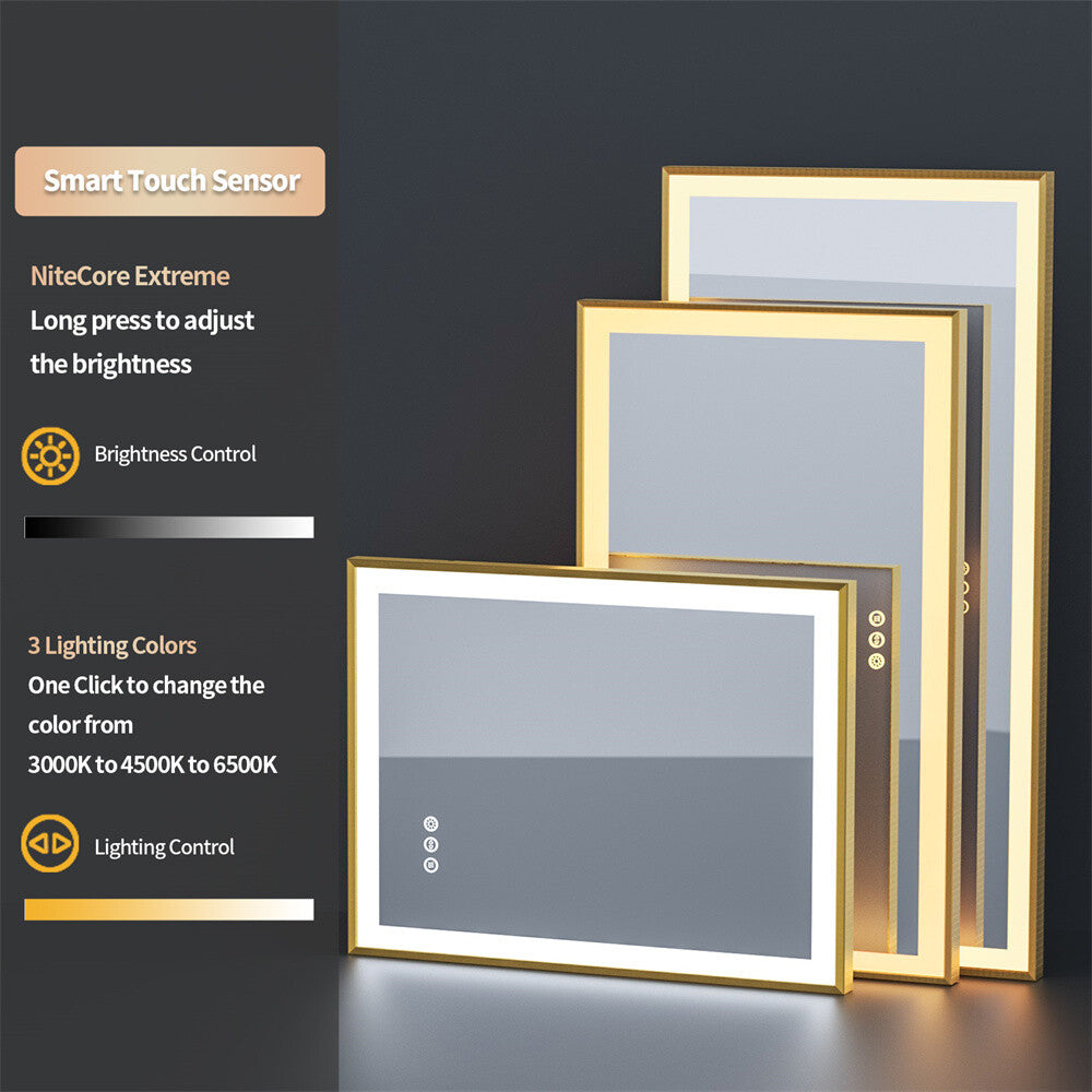 LED Mirror Bathroom Wall Mirrors w/ Lights Gold Frame Dimmable 3 Colors Anti-fog