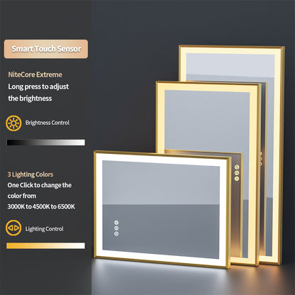 LED Mirror Bathroom Wall Mirrors w/ Lights Gold Frame Dimmable 3 Colors Anti-fog