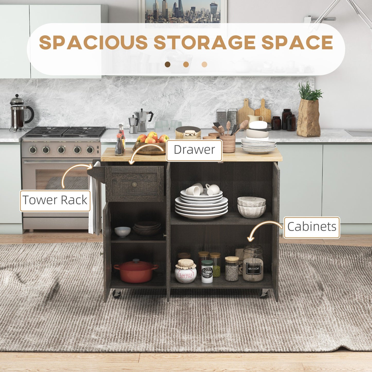 Triple-Cabinet Rolling Kitchen Island on Wheels, Kitchen Cart